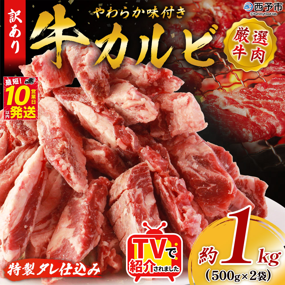 ＜やわらか味付き 牛カルビ 約1kg(500g×2)＞ TV テレビ 特製タレ漬け 厚切り 切れ目入り 焼くだけ 訳あり 牛肉 大容量 甘辛 ジューシー おかず 簡単 焼肉 丸和 愛媛県 西予市