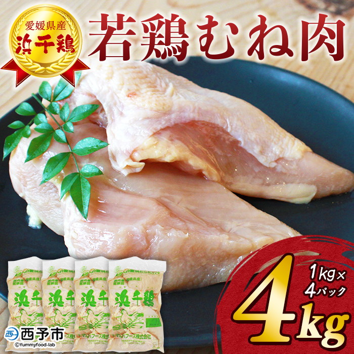 ＜銘柄鶏 浜千鶏 愛媛県産 若鶏むね肉 4kg（1kg×4）＞ 国産 鶏肉 鳥肉 とり チキン むね肉 ムネ 精肉 にく ブロック 料理 アレンジ 夕飯 夕食 お弁当 昼食 唐揚げ から揚げ 愛媛県 西予市