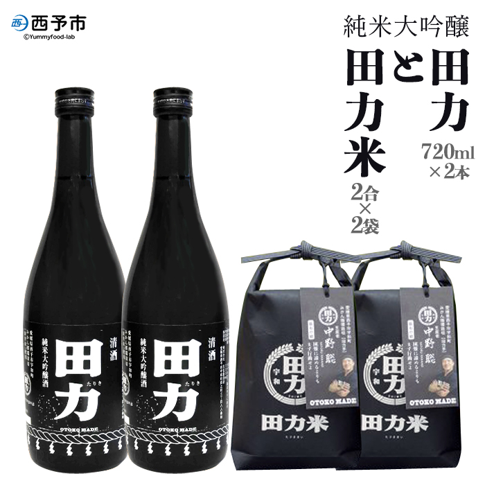 ＜純米大吟醸 田力（750ml×2本）と田力米（2合×2袋）セット＞ お酒 日本酒 お米 酒米 松山三井 にこまる 特産品 晩酌 お祝い 内祝い 家飲み 宅飲み 中辛口 元見屋酒店 愛媛県 西予市