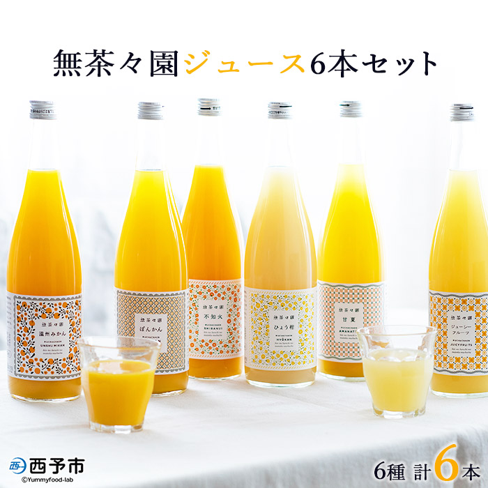 ＜無茶々園 6種の柑橘ジュース 計6本（720ml×6）＞ 果汁 100% 温州みかん 果物 オレンジ 甘夏 ポンカン 不知火 ひょう柑 ジューシーフルーツ 河内晩柑 伊予柑 清見 文旦 せとか 南津海 ギフト 贈答用 愛媛県 西予市