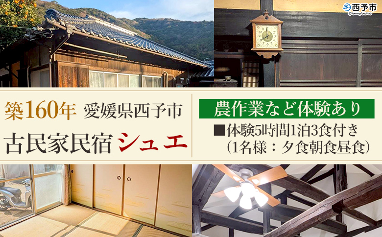 ＜築160年の古民家民宿シュエ(1名様1泊宿泊券)農作業体験5時間/食事付きプラン(夕食朝食昼食)＞ 体験内容 農業 果物 野菜収穫 釣り 夕食 朝食 昼食 農家民宿 泊まり 利用券 旅行 トラベル 一泊 自然 里山 海の近く 歴史 文化体験 周辺観光 愛媛県 西予市