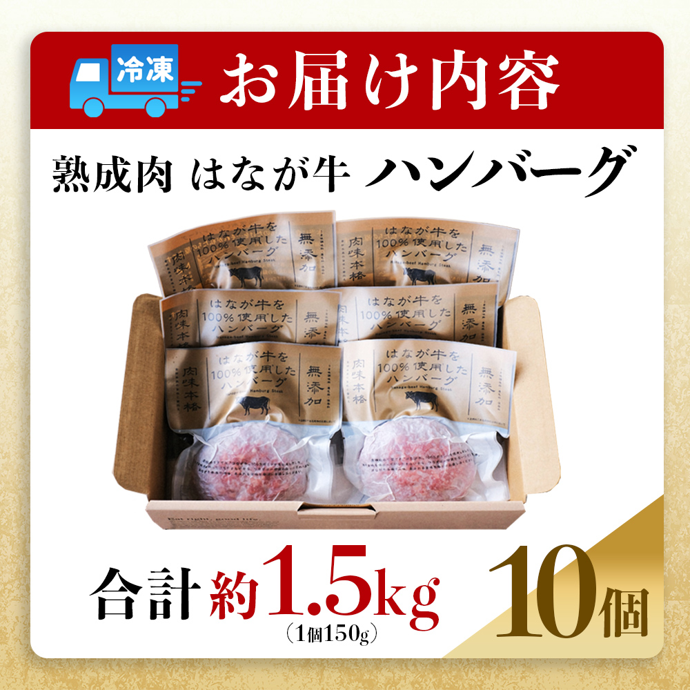 ＜熟成肉 はなが牛ハンバーグ 10個（1個150g）＞ 肉 お肉 牛肉 牛 ビーフ 牛100％ 肉加工品 お惣菜 洋食 おかず 弁当 ランチ ディナー 国産 小分け 個包装 簡単調理 特産品 ゆうぼく 愛媛県 西予市