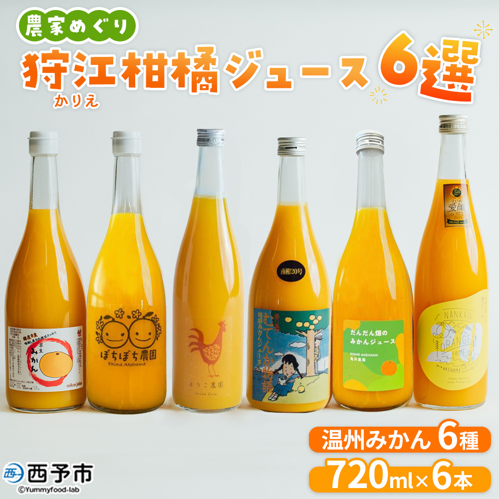 ＜農家めぐり 狩江柑橘ジュース 6選（温州みかん）＞ 温州みかん 南柑20号 愛媛県産 飲料 ジュース 国産 みかん 蜜柑 ミカン ストレートジュース 果汁 セット 詰合せ 6種 6本 企業組合かりエンジョイ 愛媛県 西予市 【常温】『4月中旬以降順次出荷予定』