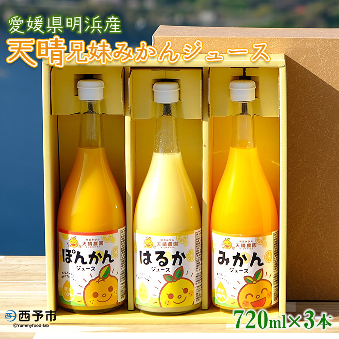 ＜天晴兄妹みかん ジュース 720ml×3種類セット 愛媛県明浜産＞『1か月以内に順次出荷予定』 蜜柑 果物 オレンジ ポンカン はるか フルーツ 株式会社笑丸 飲んで応援 特産品 愛媛県 西予市【常温】