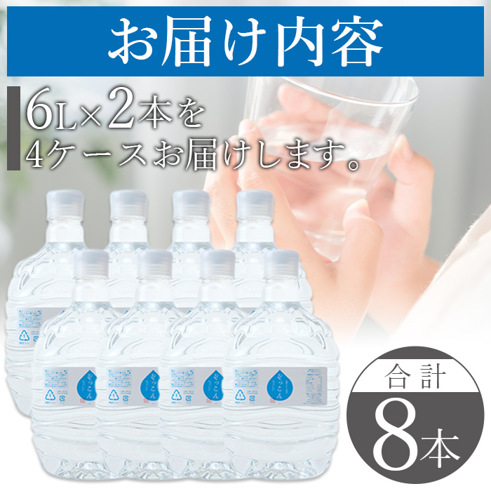 ＜四国カルスト天然水ぞっこん (6L×2本)×4ケース 計8本＞ 飲料 水 みず 中硬水 弱アルカリイオン水 ガロンボトル ウォーター バナジウム 備蓄 防災 キャンプ アウトドア 国産 特産品 ぞっこん四国 愛媛県 西予市