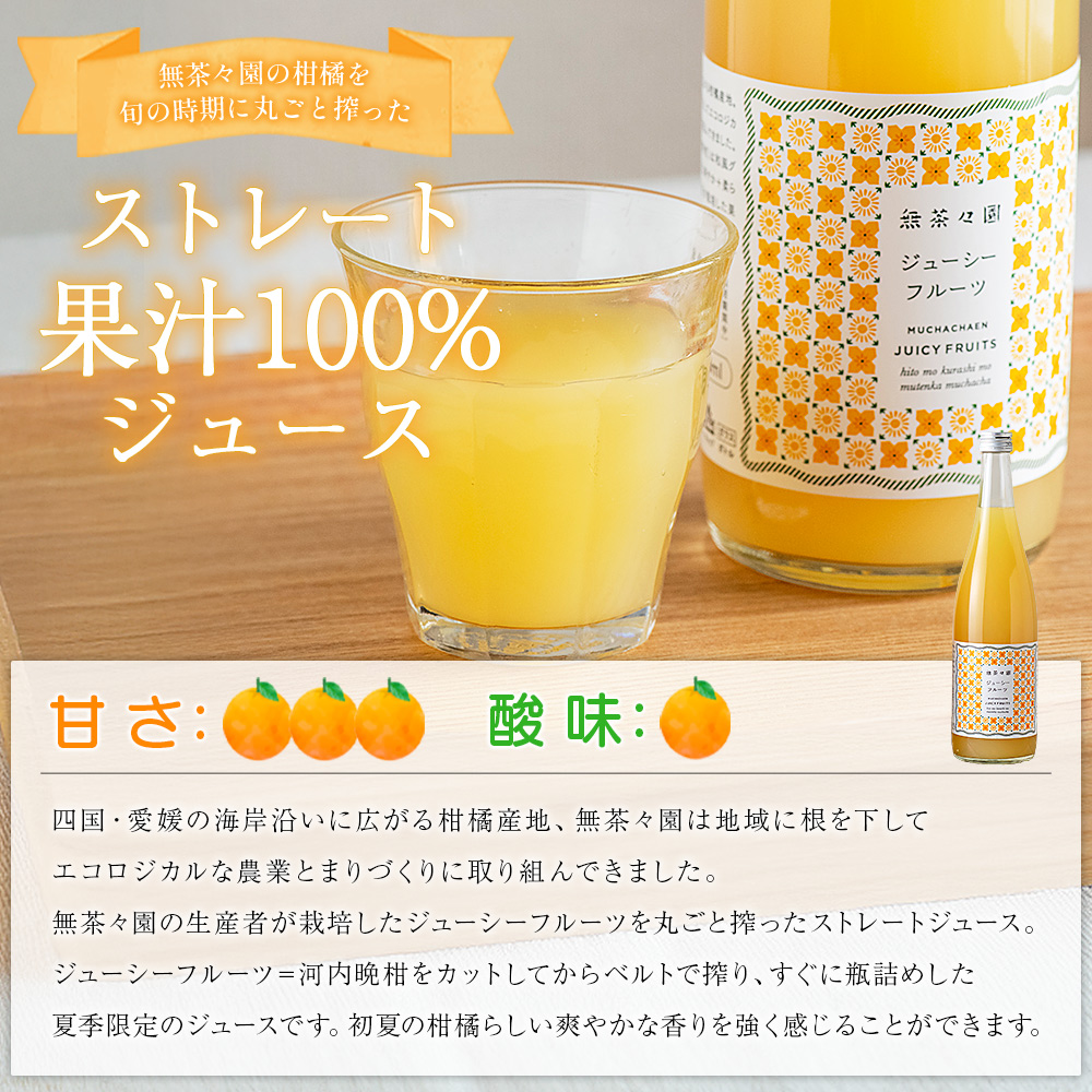 ＜無茶々園のジューシーフルーツジュース 720ml×4本＞ 柑橘 果物 オレンジ フルーツ ストレート 果汁100% ジューシーフルーツ じゅーしーふるーつ 河内晩柑 丸ごと さわやか 飲んで応援 特産品 無茶々園 愛媛県 西予市