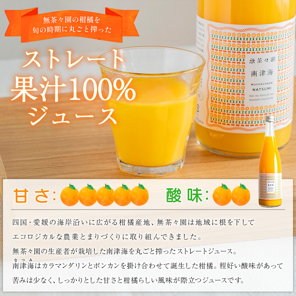 ＜無茶々園の南津海ジュース 720ml×4本＞ 柑橘 果物 オレンジ フルーツ ストレート 果汁100% 南津海 なつみ ナツミ 丸ごと 酸味 甘味 あまみ 飲んで応援 特産品 無茶々園 愛媛県 西予市