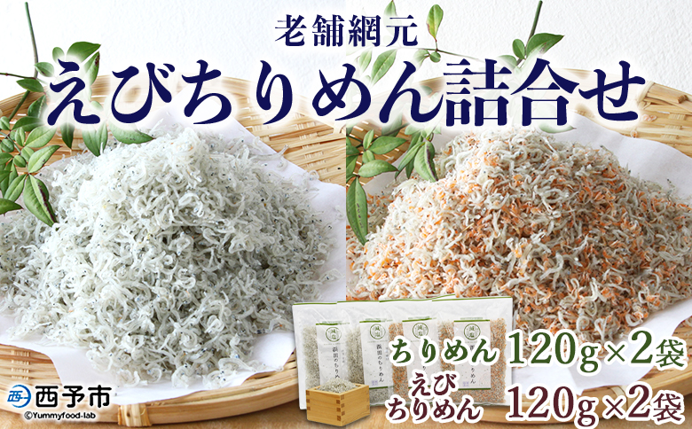 ＜老舗網元 えびちりめん詰め合わせ 計480g(ちりめん120g×2袋 えびちりめん120g×2袋)＞ かたくちいわし カタクチイワシ 小魚 のし対応可 お祝い 贈答 カルシウム 乾物 小分け 国産 マルヨシ水産 特産品 愛媛県 西予市
