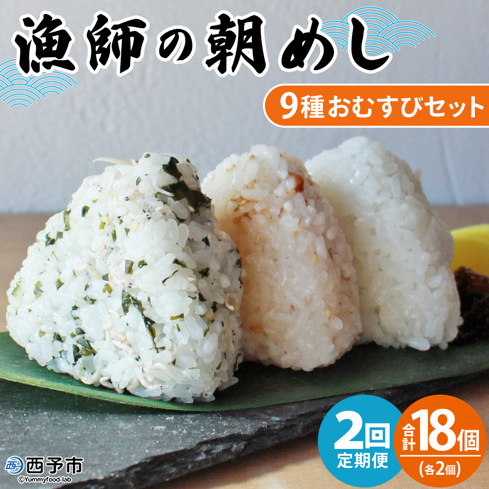 ＜【2回定期便】漁師の朝めし 9種おむすびセット 合計18個（各2個）＞ 定期便 詰合せ おにぎり お米 こめ ちりめん 山椒 生姜 青のり つくだ煮 しそわかめ 大根葉 梅ごま ひじき 網元・祇園丸 愛媛県 西予市