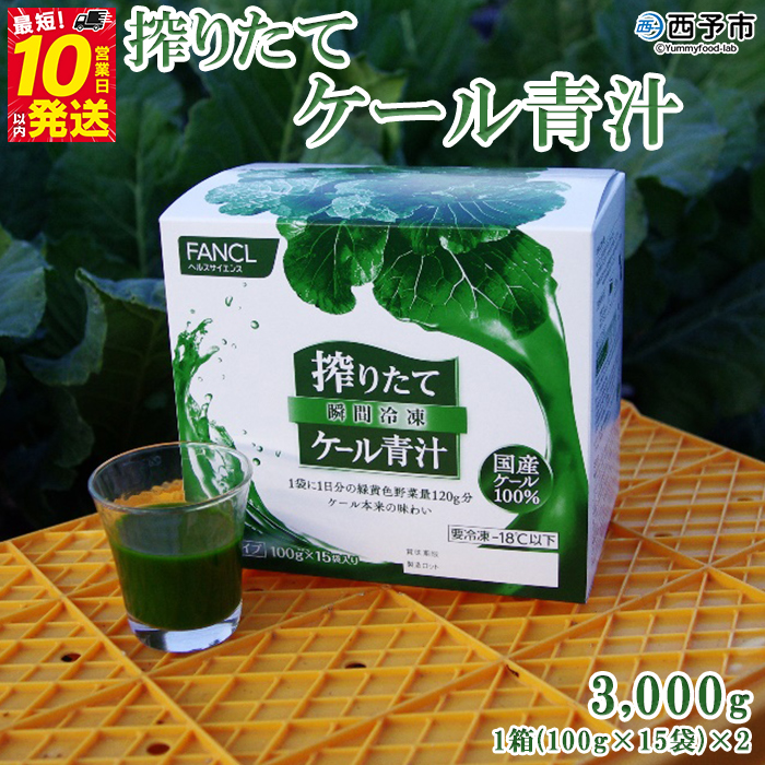 ＜ファンケル 西予市産 搾りたてケール青汁 3,000g 1箱(100g×15袋×2)＞ 濃縮野菜 国産 あおじる 無添加 ミネラル農法 化学農薬不使用 飲料 ドリンク 飲み物 小分け FANCL 特産品 グリーンヒル 愛媛県 西予市