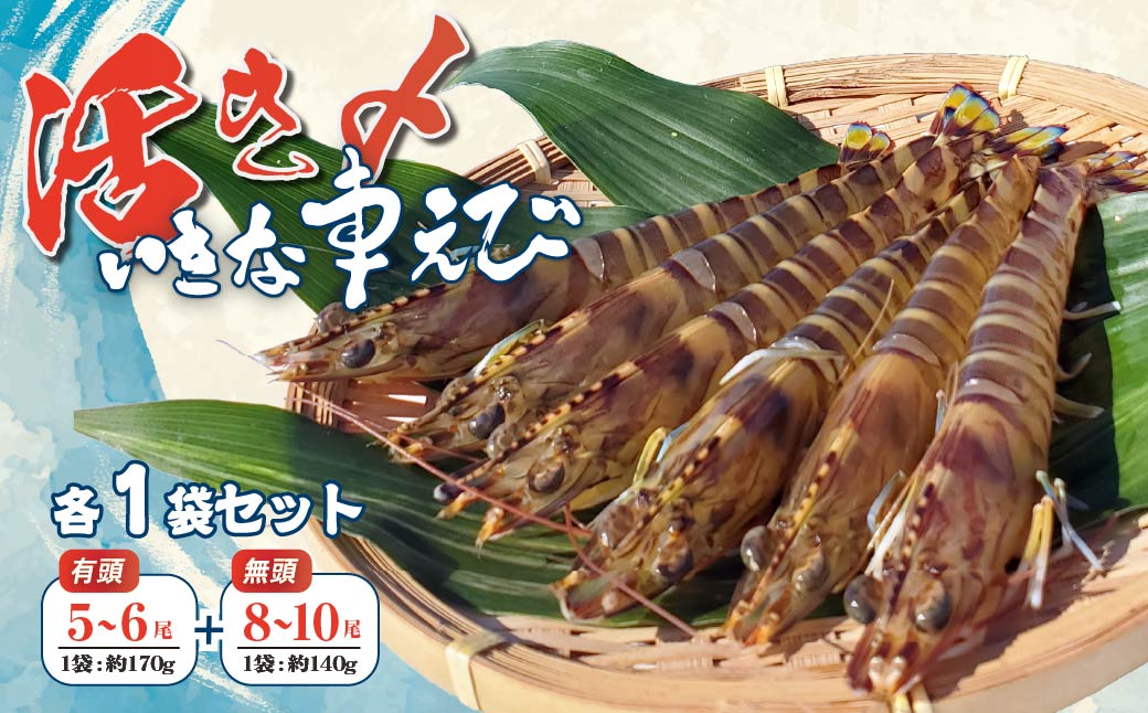 急速冷凍活きな車えび【有頭5～6尾(約170g)】【無頭8～10尾(約140g)】各1袋セット【配送不可地域：離島】
