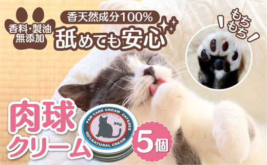 ネコの肉球ケアクリーム 30g【5個セット】 ｜ キャット ペット ケア用品 メンテナンスグッズ お手入れ 飼育 クロモジ 米油 シアバター 安心 蜂蜜成分 潤い 栄養 角質保護 殺菌作用 プレゼント ギフト ※離島への配送不可