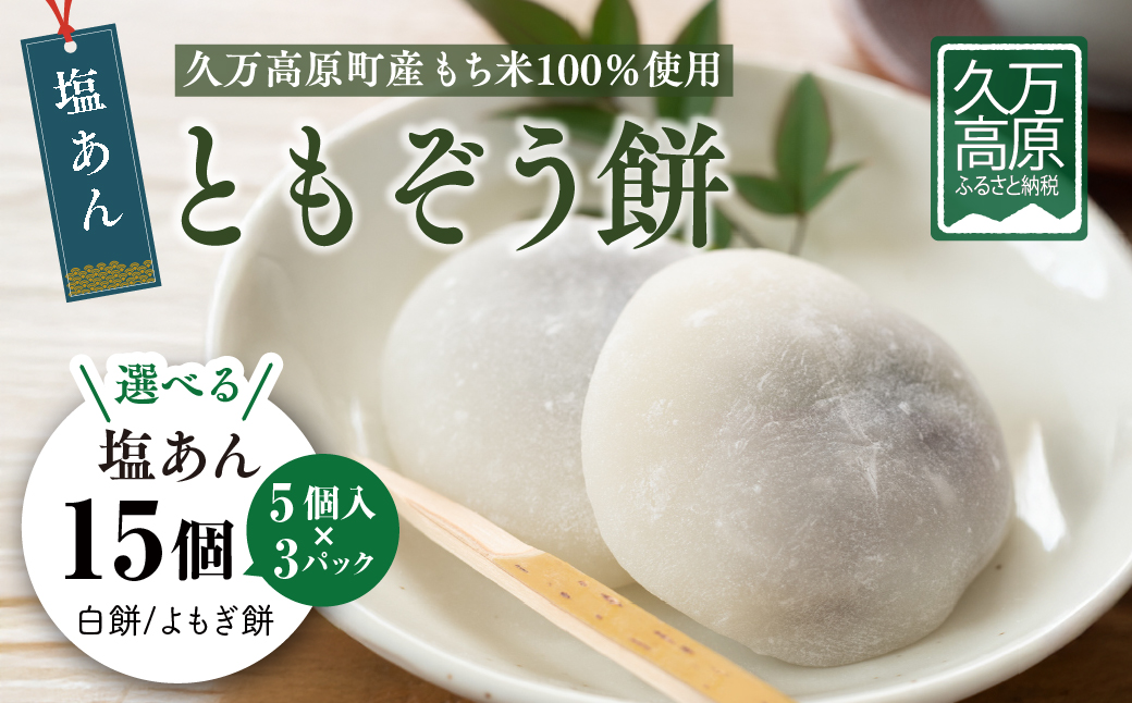 ともぞう餅【塩あん15個】5個入３パック 白餅 よもぎ餅 選べるセット｜愛媛県 久万高原町 手作り 餅 もち 塩あん よもぎ スイーツ 和菓子 正月 雑煮 ぜんざい きな粉餅 甘くない 昔ながらの味