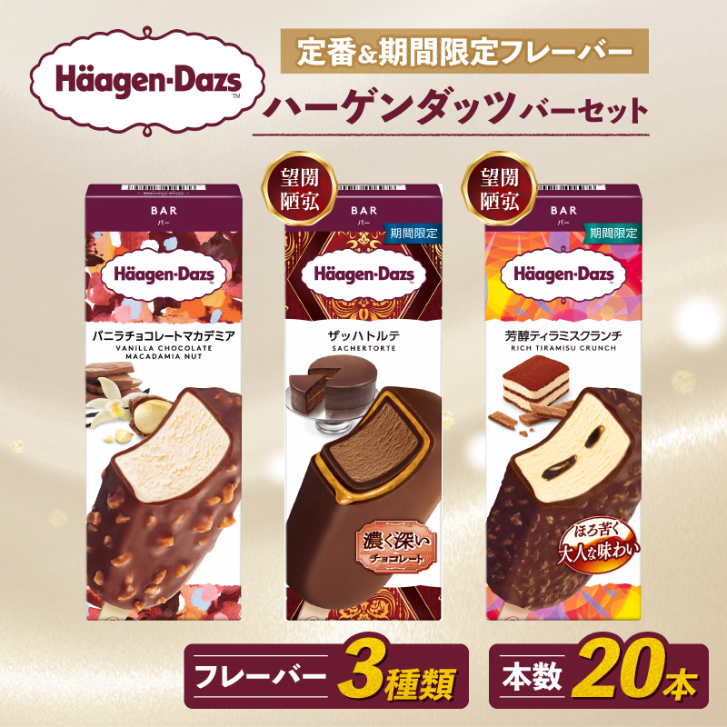 定番 ＆ 期間限定フレーバー ハーゲンダッツ バー セット 20本入 フレーバー3種類 ｜ ハーゲンダッツ アイスクリーム ギフト セット 詰め合わせ バニラチョコレートマカデミア ザッハトルテ 芳醇ティラミスクランチ 愛媛県 松前町
