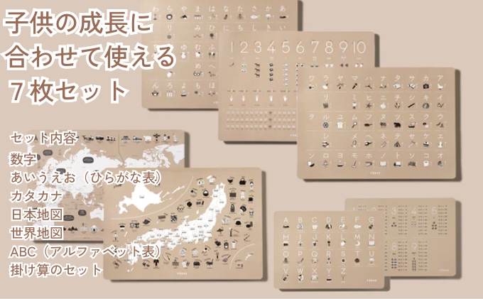 知育ポスター7枚セット（ベージュ）（数字・あいうえお（ひらがな表）・カタカナ・日本地図・世界地図・ABC（アルファベット表）・掛け算）【幼稚園 小学生 オシャレ 学習用 防水加工 知育 情操教育 おしゃれ 子供 シンプル ギフト お祝い 入園 入学】