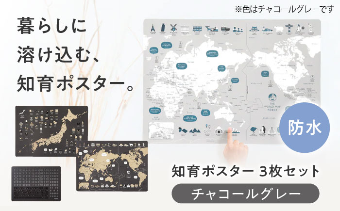 知育 知育ポスターチャコールグレー 3枚セット / 日本地図 世界地図 ローマ字 幼稚園 小学生 オシャレ 学習用 防水加工 知育 情操教育 おしゃれ 子供 シンプル ギフト お祝い 入園 入学 / 愛媛県砥部町/株式会社明朗社 [BJBA006]
