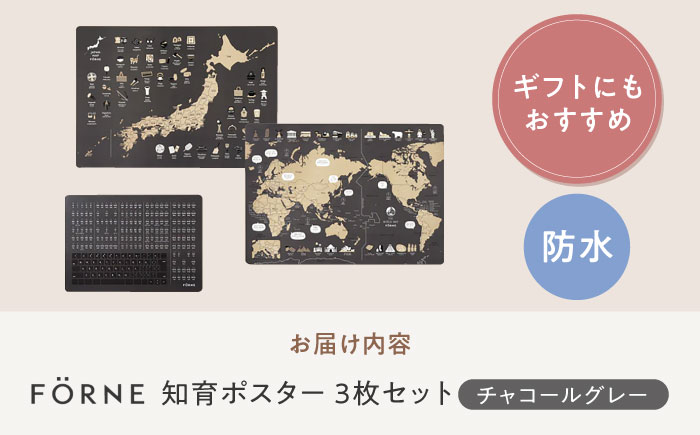 知育 知育ポスターチャコールグレー 3枚セット / 日本地図 世界地図 ローマ字 幼稚園 小学生 オシャレ 学習用 防水加工 知育 情操教育 おしゃれ 子供 シンプル ギフト お祝い 入園 入学 / 愛媛県砥部町/株式会社明朗社 [BJBA006]