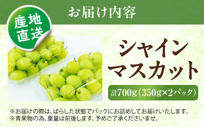 【先行予約】シャインマスカット 350g×2パック パック詰め ＜2026年8月下旬〜発送開始＞ ／ シャインマスカット 大人気 愛媛県 美味しい 人気 皮ごと 葡萄 ブドウ 愛媛県産 内子町産 新鮮 旬 フルーツ 果物 くだもの 四国 【株式会社フジ・アグリフーズ】 [BKAY006]