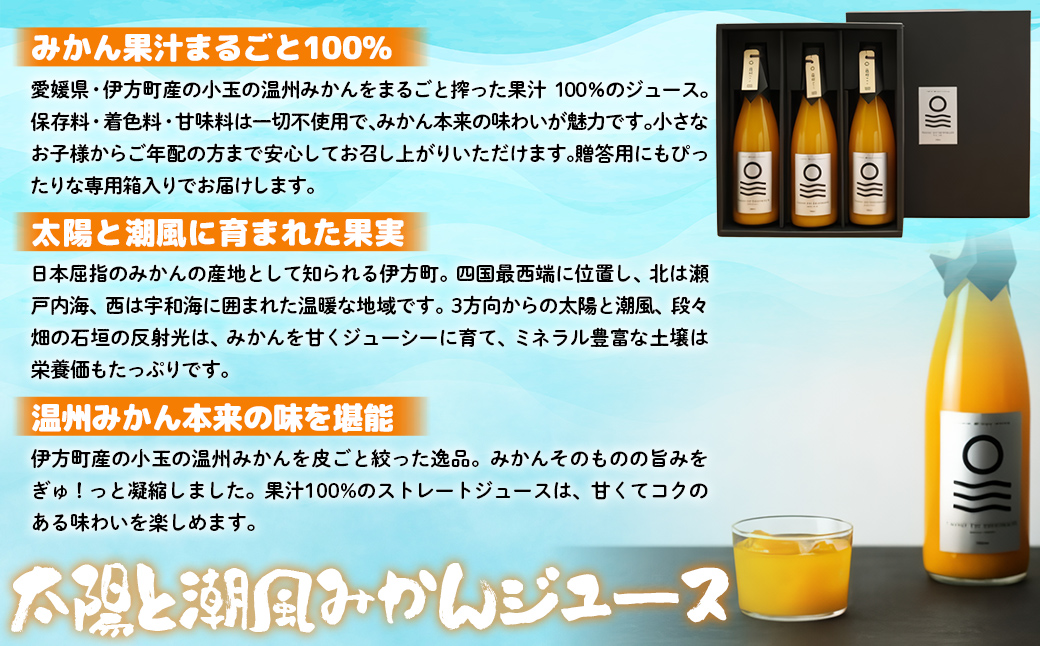 【愛媛県産】太陽と潮風みかんジュース（720ml×3本） 果汁100％（入金確認後、準備が出来次第発送） IKTI010