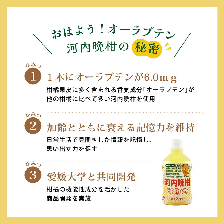 おはよう！オーラプテン河内晩柑ジュース（280ml×12本） ｜ 280ml 河内晩柑 愛南ゴールド 美生柑 みかん 機能性表示食品 オーラプテン 柑橘 飲料 中高年 記憶 認知 ジュース 健康 美容 はちみつ 伊方町 愛媛県 愛南町