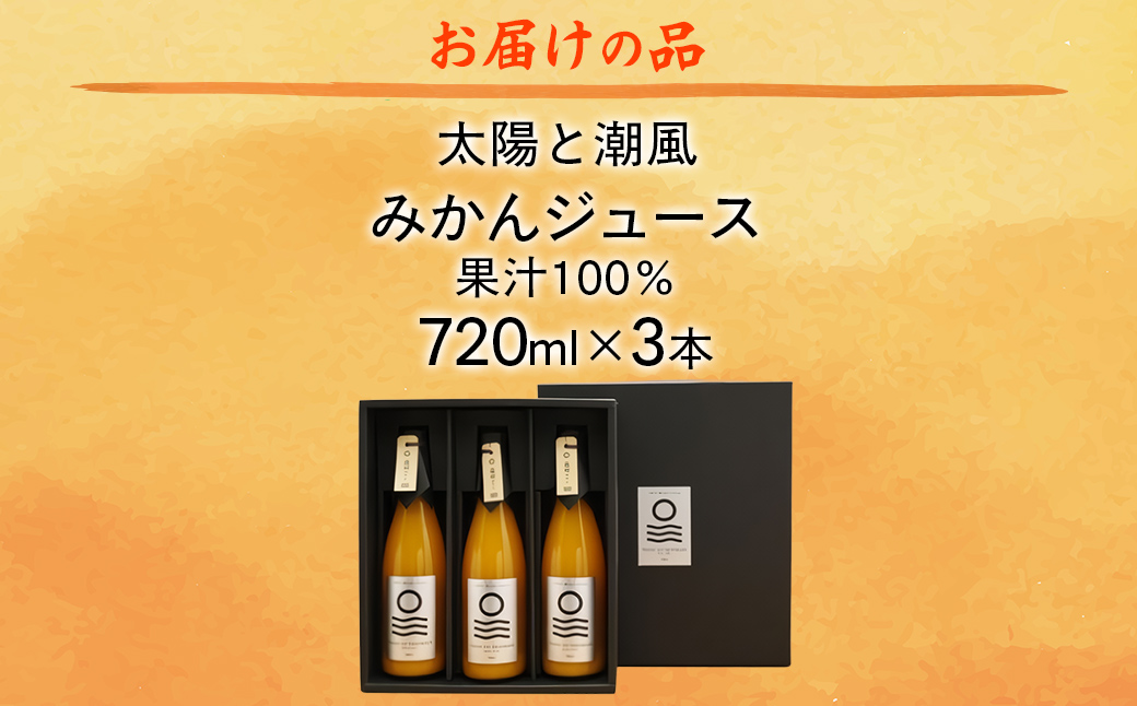 【愛媛県産】太陽と潮風みかんジュース（720ml×3本） 果汁100％（入金確認後、準備が出来次第発送） IKTI010