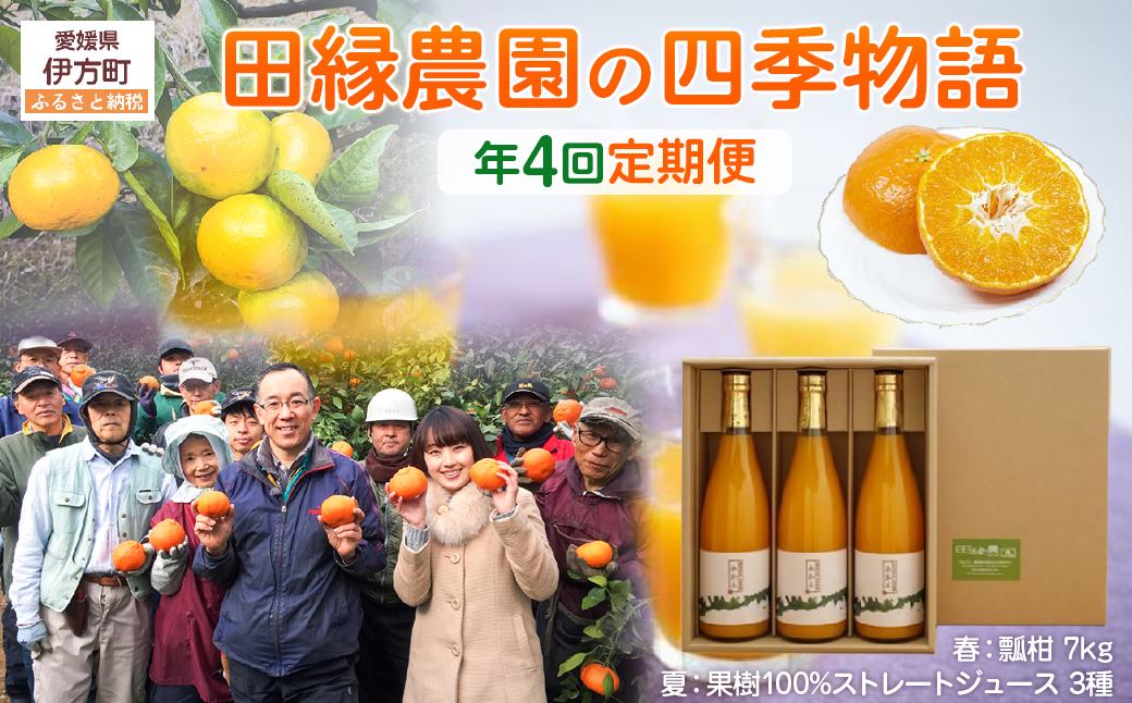 【年4回定期便】【愛媛県産】田縁農園の四季物語　春：瓢柑（7kg）、夏：果樹100%ストレートジュース（720ml×3本 / みかん、せとか、不知火）、秋：早生みかん（10kg）、冬：甘平（2kg） IKTA010