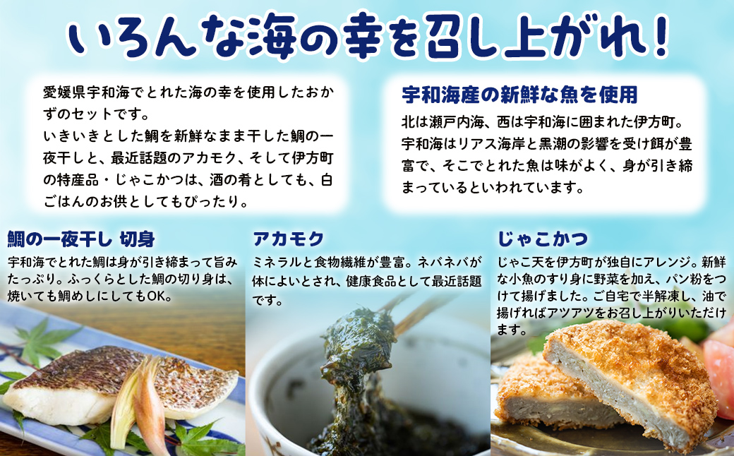 【産地直送】今夜のおかずBセット 鯛の一夜干し 切身（2尾）、アカモク（200g）、じゃこかつ（3枚入り×2） IKTO001 
