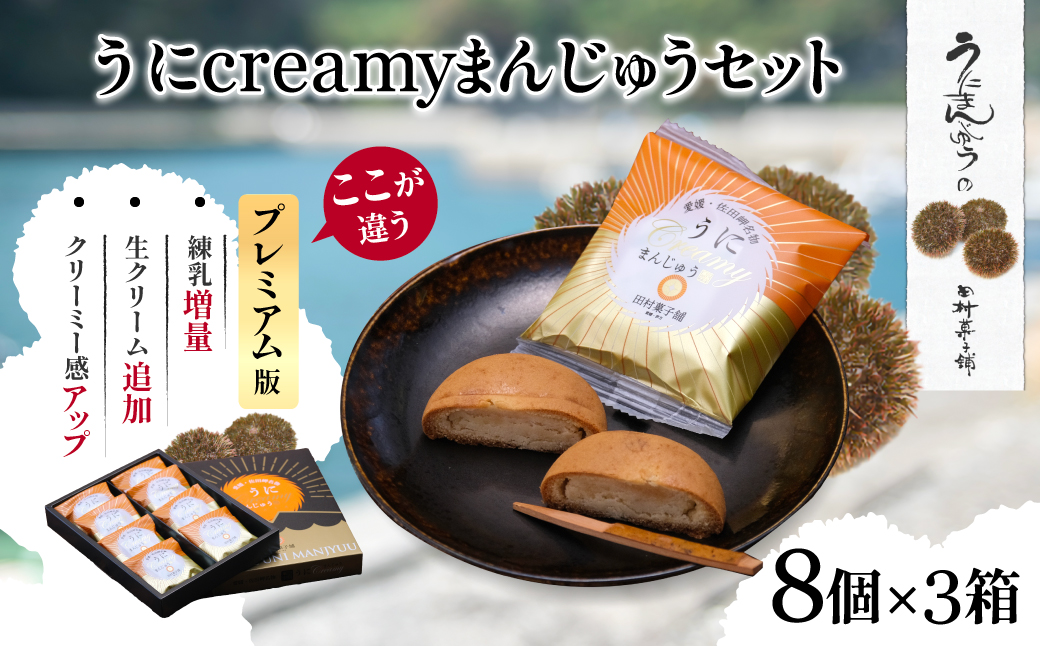 うにcreamyまんじゅうセット（8個入り×3箱） 【ふるさと納税 人気 おすすめ ランキング 饅頭 まんじゅう あん うに ウニ 雲丹 餡子 お菓子 菓子 セット 詰合せ お土産 田村菓子舗 愛媛県 伊方町 送料無料】 IKTK001