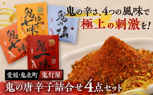 鬼灯屋の鬼の唐辛子詰め合わせ4点セット（鬼一味・鬼七味・鬼ゆず七味・鬼の塩）｜ とうがらし　一味　七味　ゆず　柚子　調味料　ギフト　愛媛県　鬼北町