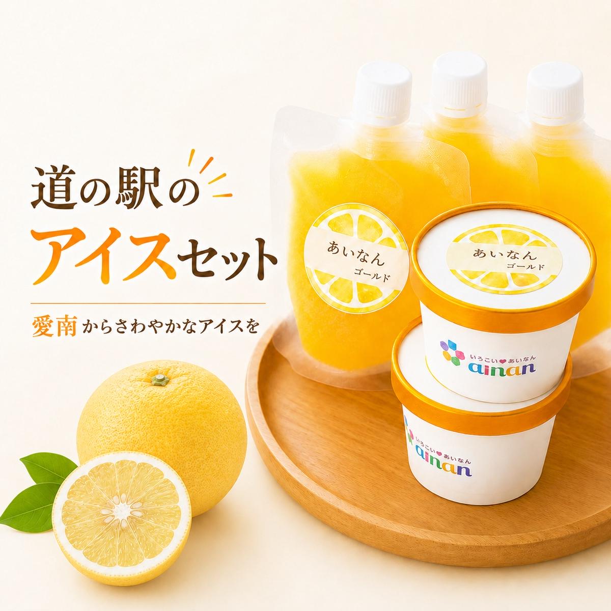 道の駅の「アイスセット」 愛南ゴールド アイス 小パック 2個 ソルベ 3個 河内晩柑 アイスクリーム ジェラート みかん 冷凍 暑い 夏 湯上がり プール 愛南総研 道の駅MIC 愛媛県 愛南町
