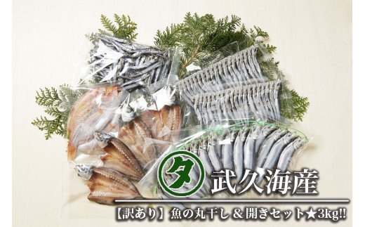 【訳あり】 名人が作る魚の丸干し＆開きセット 3kg 干物 国産 天然 ひもの 干物セット 訳アリ わけあり 魚 魚介 冷凍 新鮮 鮮魚 選抜 武久海産 丸干し 切り身 おつまみ おかず 人気 珍味 グルメ 規格外 国産 武久海産 愛媛 愛南	
