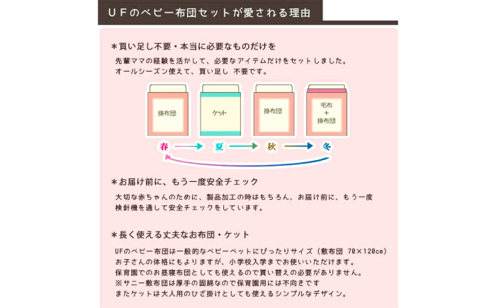 こだわりの品質！ウフのベビー布団セット 6点セット /ふとん 赤ちゃん用 ベビーグッズ 高知　【UFウフ】 [ATCZ005]