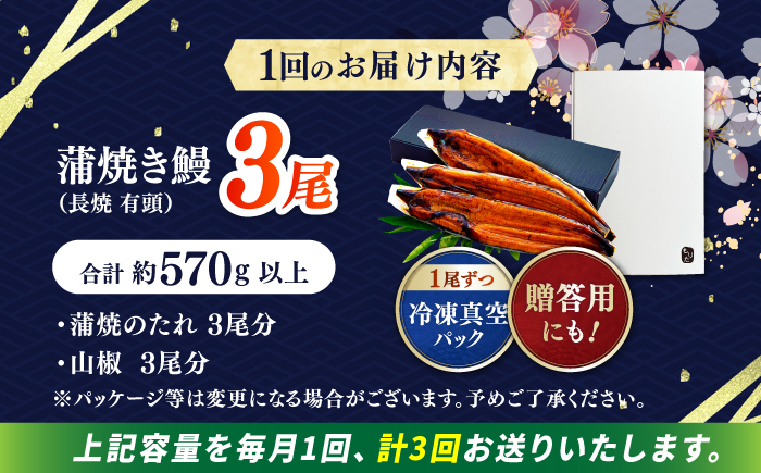 【3回定期便】 極上国産うなぎ四万十桜 蒲焼き3尾 たっぷり大サイズ / 国産 高知 四万十 うなぎ ウナギ 鰻 蒲焼き うな重 惣菜 贅沢 【有限会社もりた】 [ATHE006]
