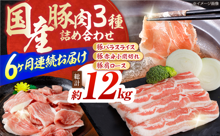 【6回定期便】お肉の定期便 国産 豚肉 詰め合わせ セット (6ヵ月) 総計約12kg バラ スライス 切り落とし 小間切れ 【(有)山重食肉】 [ATAP103]