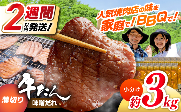 【年内発送 12/25入金分迄】薄切り 牛タン 味噌だれ 約250g×12パック 計約3kg 小分け 個包装 味付け タレ たれ 高知県 お肉 牛肉 贅沢 焼き肉 BBQ バーベキュー 訳あり わけあり【焼肉寛十郎】 [ATDO031]