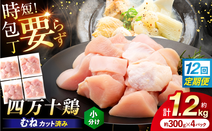 【12回定期便】四万十鶏むね肉 切身 約1.2kg （約300g×4パック） カットでかんたん 時短セット / 四万十鶏 むね肉 小分け 冷凍 カット 時短 【三栄ブロイラー販売株式会社】 [ATDP032]