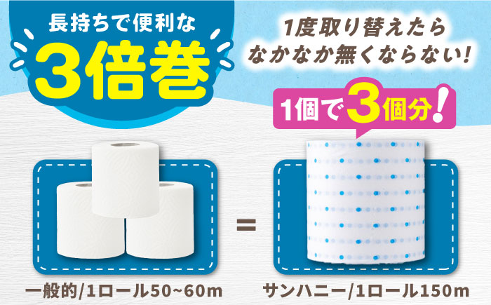 3倍長持ち トイレットペーパー サンハニー (水玉ブルー柄) シングル 18ロール ロング巻き 150m トイレットペーパー シングル パルプ 再生紙不使用  【機能素材株式会社】 [ATAA002]