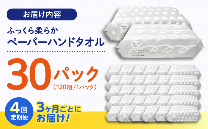 【4回定期便(3ヵ月に1回お届け)】 抗ウイルス 抗菌成分 (VB) 配合ふっくら柔らかペーパーハンドタオル エンボス仕上げ 30パック (1パック:120組(240枚)入り) 【河野製紙株式会社】[ATAJ017]