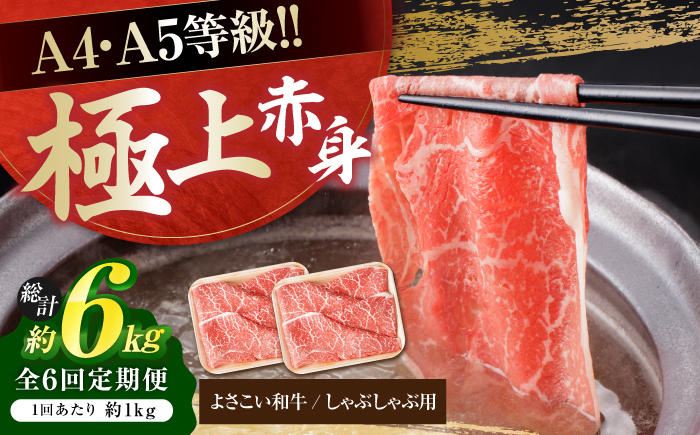 【6回定期便】高知県産 よさこい和牛 上赤身 しゃぶしゃぶ用 約500g×2 総計約6kg 牛肉 すきやき 国産 肉 A4 A5 薄切り スライス 【(有)山重食肉】 [ATAP124]