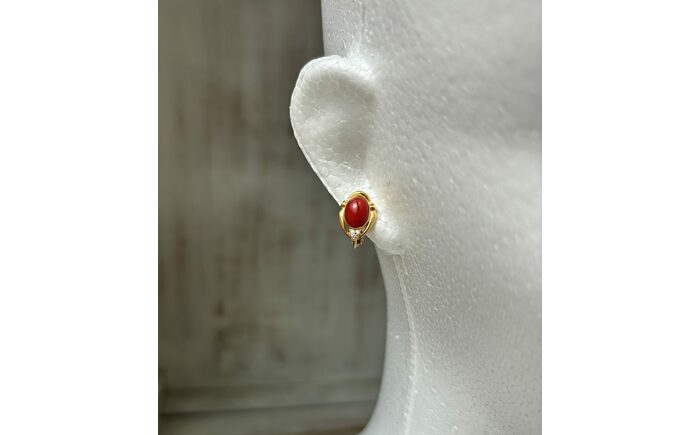 【記念日の贈り物に】K18ゴールドと土佐産赤珊瑚の華やかなダイヤモンドイヤリング D0.03ct/専用ケース付 / プレゼント ギフト レディース 【有限会社米沢サンゴ店】 [ATCX072]