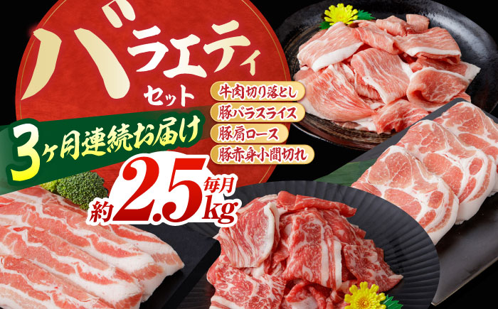 【3回定期便】お肉の定期便 バラエティセット (3ヵ月) 総計約7.5kg 国産 牛肉 切り落とし 豚バラ スライス 肩ロース 【(有)山重食肉】[ATAP074]