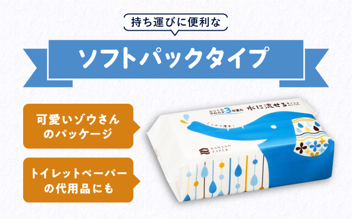 【3回定期便】隔月発送 水に流せる3枚重ねティッシュ ソフトパック100組 (300枚) ×30パック 【河野製紙株式会社】 [ATAJ020]