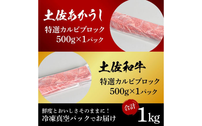 熟成肉 土佐あかうし 土佐和牛2種食べ比べ 特選カルビブロック 約1kg (約500g×各1) 【株式会社LATERAL】 [ATAY094]