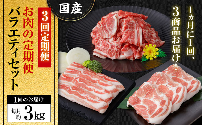 【3回定期便】お肉の定期便 バラエティセット (3ヵ月) 総計約9kg 国産 牛肉 切り落とし 豚肉 バラ 肩ロース 【(有)山重食肉】[ATAP076]