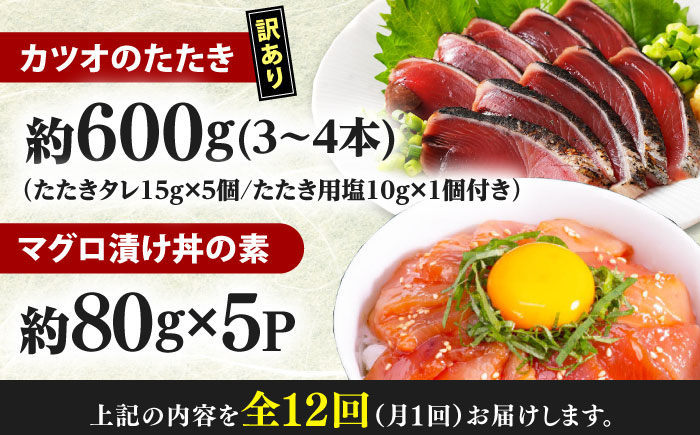 【12回定期便】規格外カツオたたき 約600g＋マグロ漬け丼の素 約80g×5パック 【興洋フリーズ株式会社】 [ATBX127]