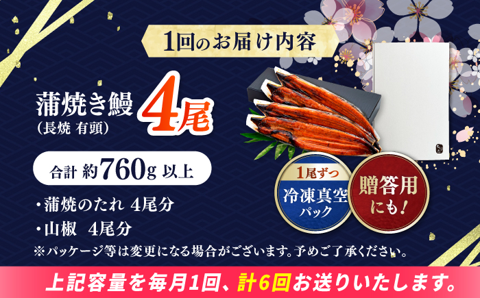 【6回定期便】極上国産うなぎ四万十桜 蒲焼き4尾 たっぷり大サイズ / 国産 高知 四万十 うなぎ ウナギ 鰻 蒲焼き うな重 惣菜 贅沢 【有限会社もりた】 [ATHE011]