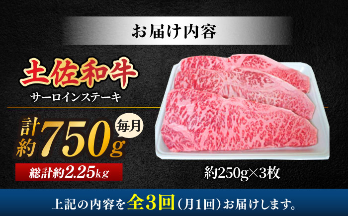 【3回定期便】土佐黒毛和牛 サーロインステーキ (約250g×3枚) 総計約2.25kg 【株式会社 四国健商】 [ATAF128]