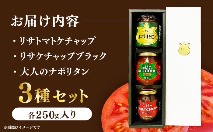 ケチャップセット3種 〈リサトマトケチャップ・リサケチャップブラック・大人のナポリタン〉各250g / ケチャップ セット リサトマト トマト ナポリタン 調味料 とまと 高知【株式会社　堀】 [ATDA009]