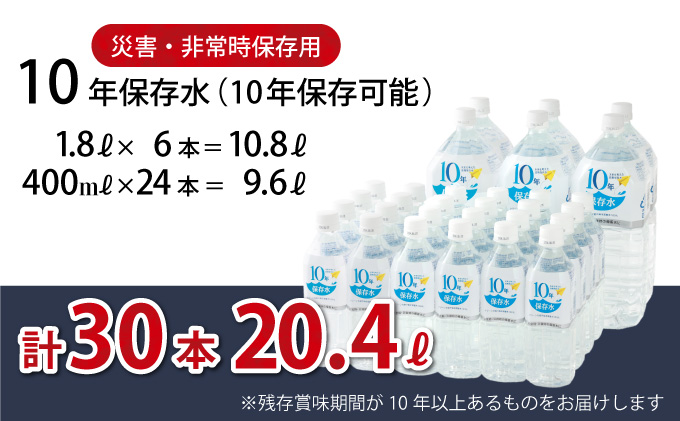 水 10年保存水 1.8L×6本 400ml×24本セット 計20.4L 10年保存可能 室戸海洋深層水100％使用 ミネラルウォーター ペットボトル 長期保存水 備蓄水 非常災害備蓄用 災害用 避難用品 防災 防災グッズ 赤ちゃん ミルク 子ども 大人 薬服用 自然災害 送料無料 ak030