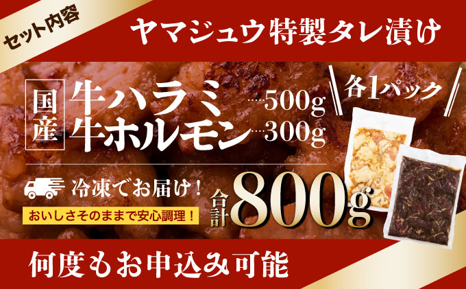 ヤマジュウの特選タレ漬け！和牛ハラミ肉５００g＆国産牛ホルモン３００ｇ